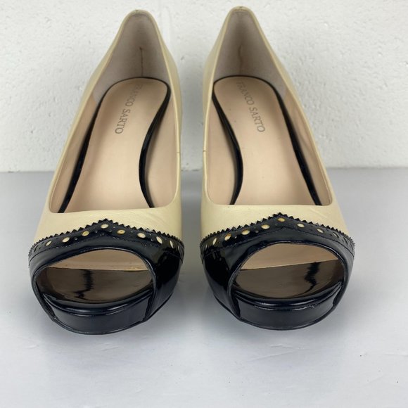 Franco Sarto Shoes Size 10‎ Ivory Black Bruna Leather Wing Tip Peep Toe Pump - Picture 6 of 13
